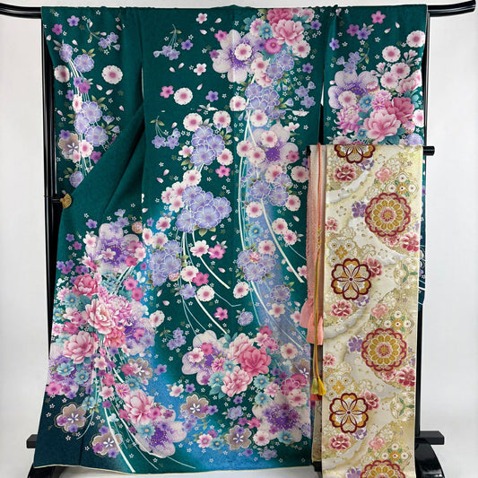 【美品】振袖禮服 身長167.5cm 袖長70cm L 雙層 袋帶全套 草花紋紋 蝶 金銀彩 綠 純蠶絲 名品級