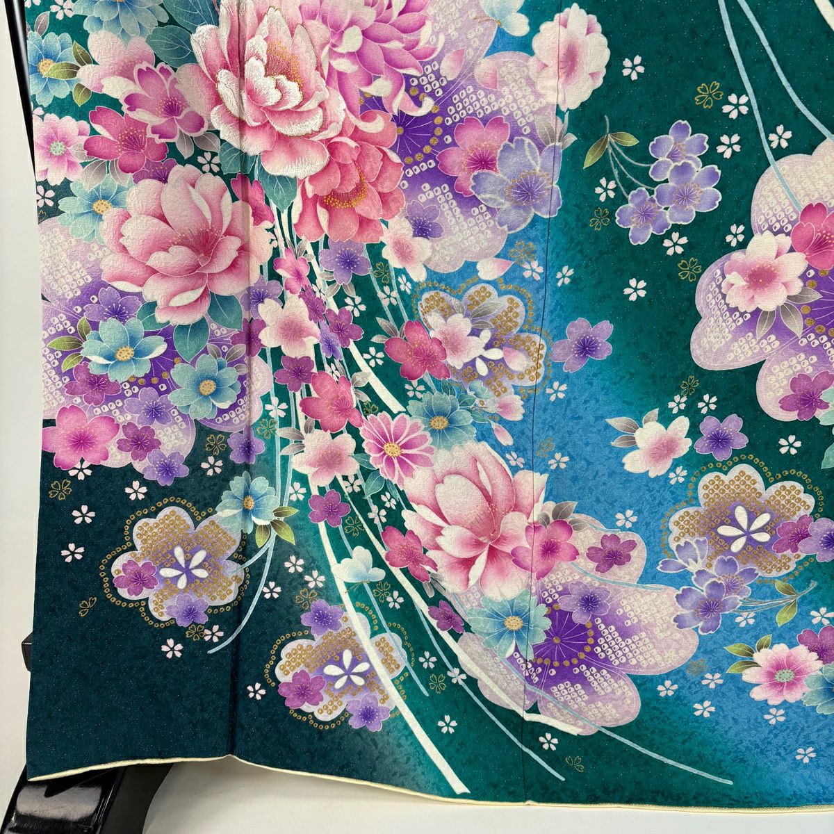 【美品】振袖禮服 身長167.5cm 袖長70cm L 雙層 袋帶全套 草花紋紋 蝶 金銀彩 綠 純蠶絲 名品級