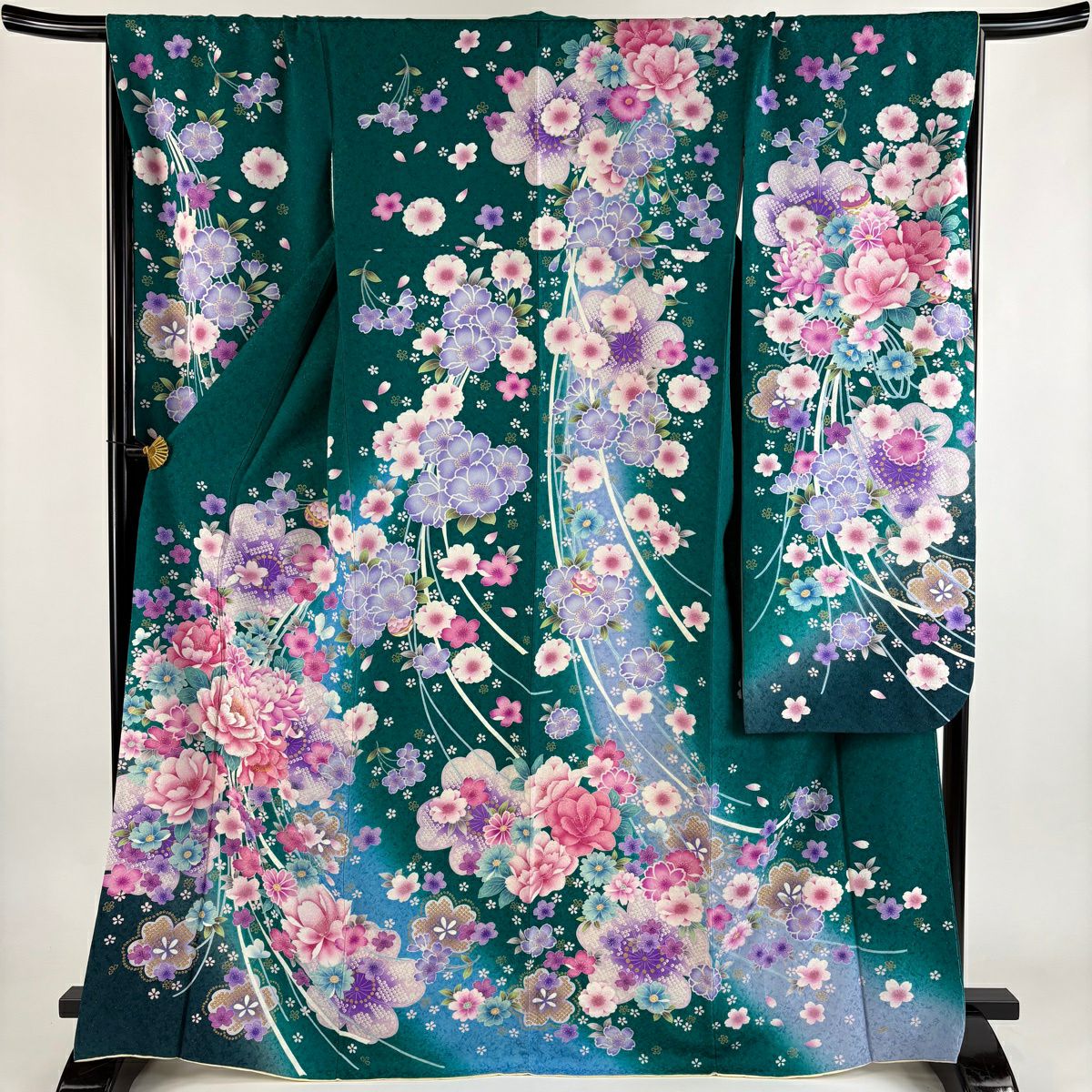 【美品】振袖禮服 身長167.5cm 袖長70cm L 雙層 袋帶全套 草花紋紋 蝶 金銀彩 綠 純蠶絲 名品級