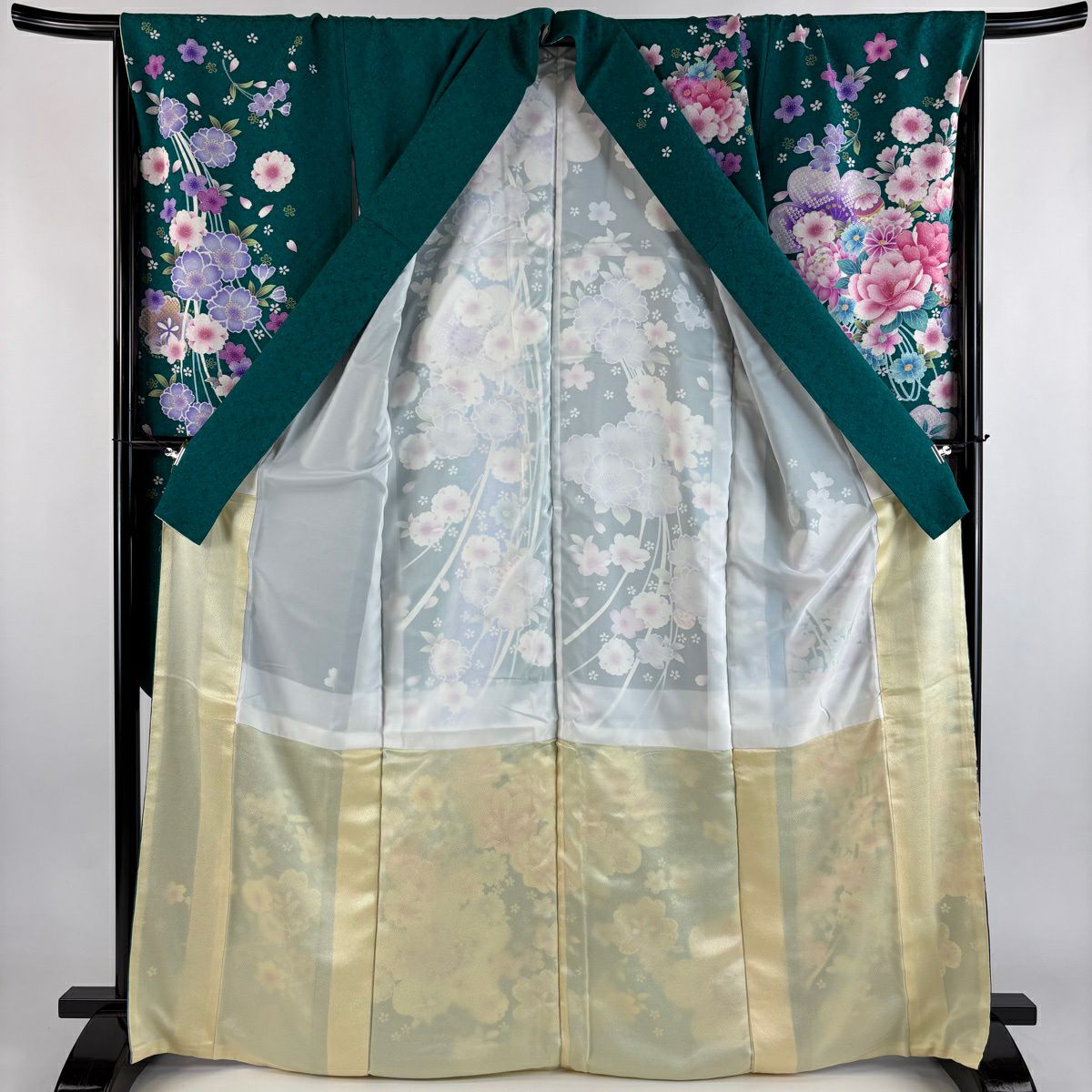 【美品】振袖禮服 身長167.5cm 袖長70cm L 雙層 袋帶全套 草花紋紋 蝶 金銀彩 綠 純蠶絲 名品級