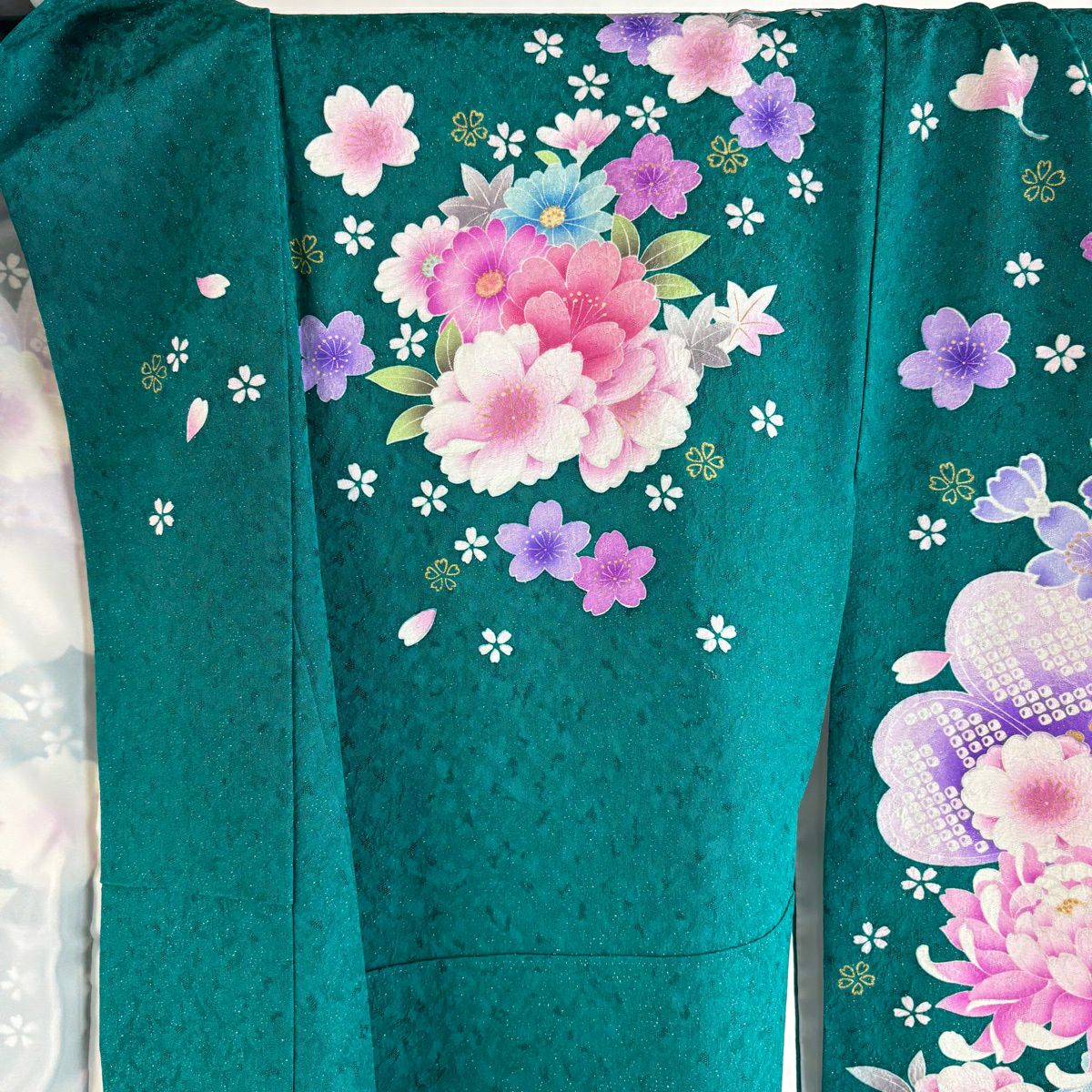 【美品】振袖禮服 身長167.5cm 袖長70cm L 雙層 袋帶全套 草花紋紋 蝶 金銀彩 綠 純蠶絲 名品級