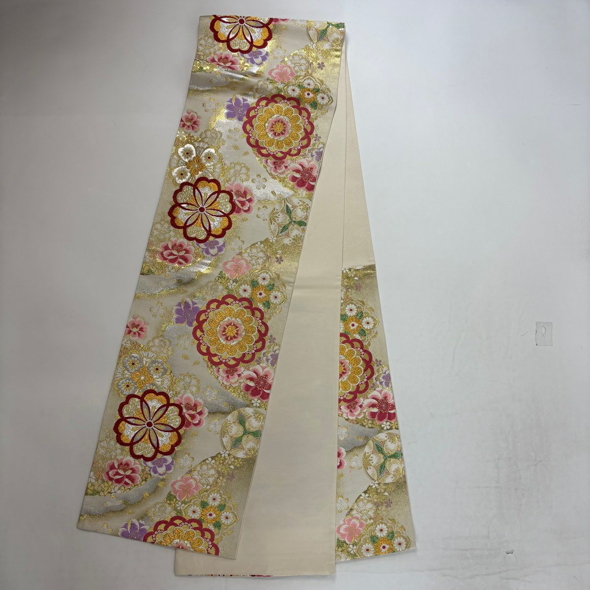 【美品】振袖禮服 身長167.5cm 袖長70cm L 雙層 袋帶全套 草花紋紋 蝶 金銀彩 綠 純蠶絲 名品級