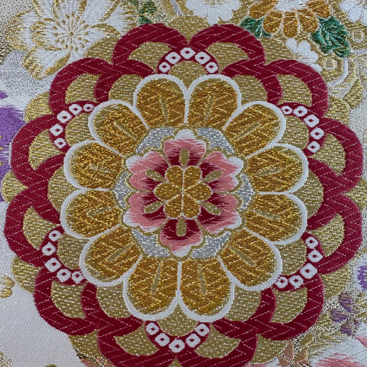 【美品】振袖禮服 身長167.5cm 袖長70cm L 雙層 袋帶全套 草花紋紋 蝶 金銀彩 綠 純蠶絲 名品級