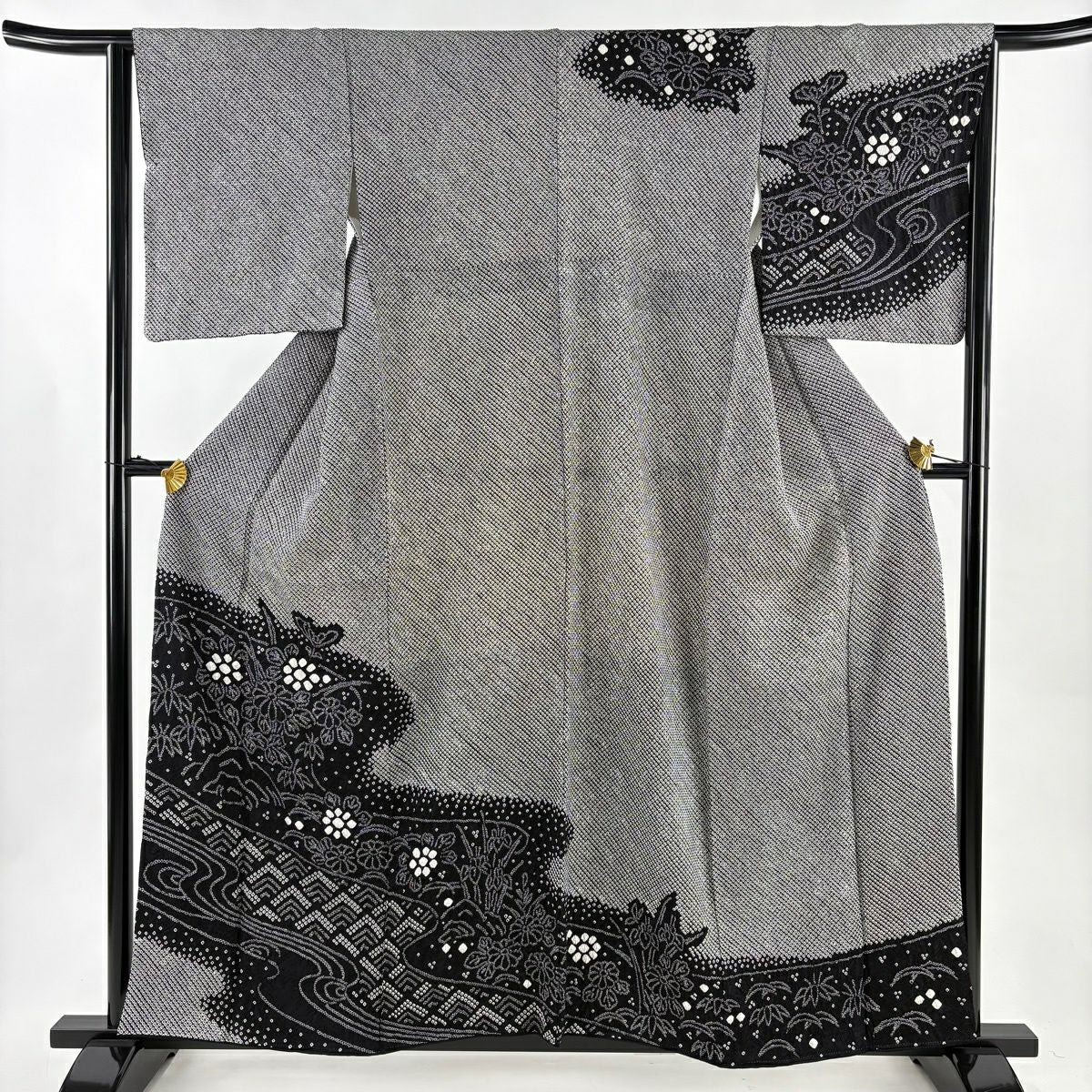 【美品】訪問服 身長158cm 袖長64cm M 雙層 菊花 流水 總絞染 黑 純蠶絲 秀品級