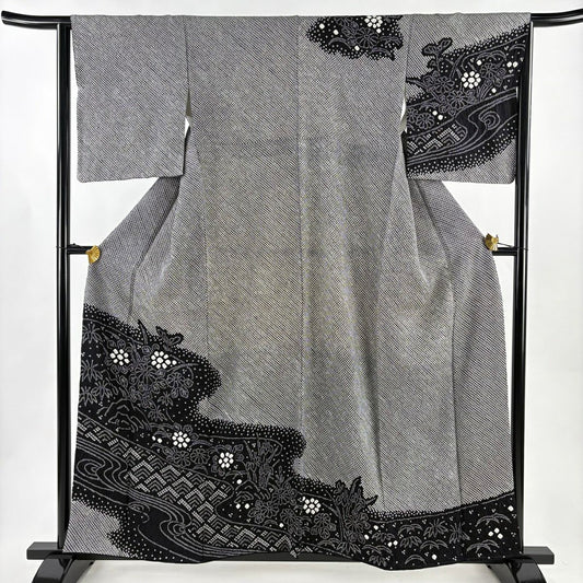 【美品】訪問服 身長158cm 袖長64cm M 雙層 菊花 流水 總絞染 黑 純蠶絲 秀品級