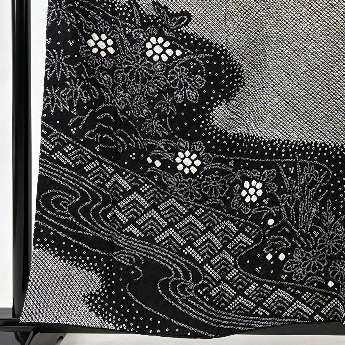 【美品】訪問服 身長158cm 袖長64cm M 雙層 菊花 流水 總絞染 黑 純蠶絲 秀品級