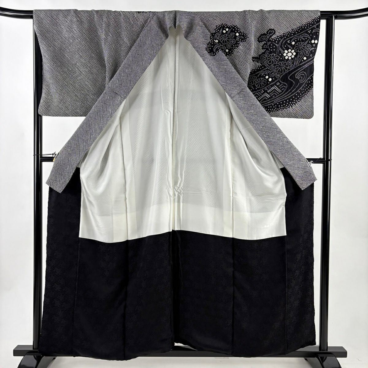 【美品】訪問服 身長158cm 袖長64cm M 雙層 菊花 流水 總絞染 黑 純蠶絲 秀品級