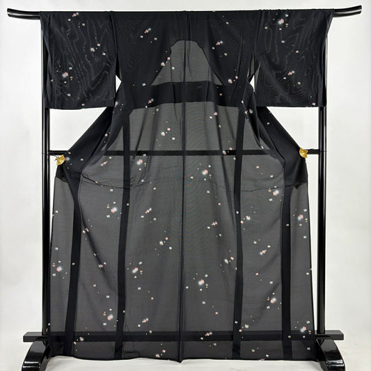 【美品】 小紋 身長169.5cm 袖長68.5cm L 薄物 絽 源氏香 櫻花 漸層 黑 純蠶絲 優品級