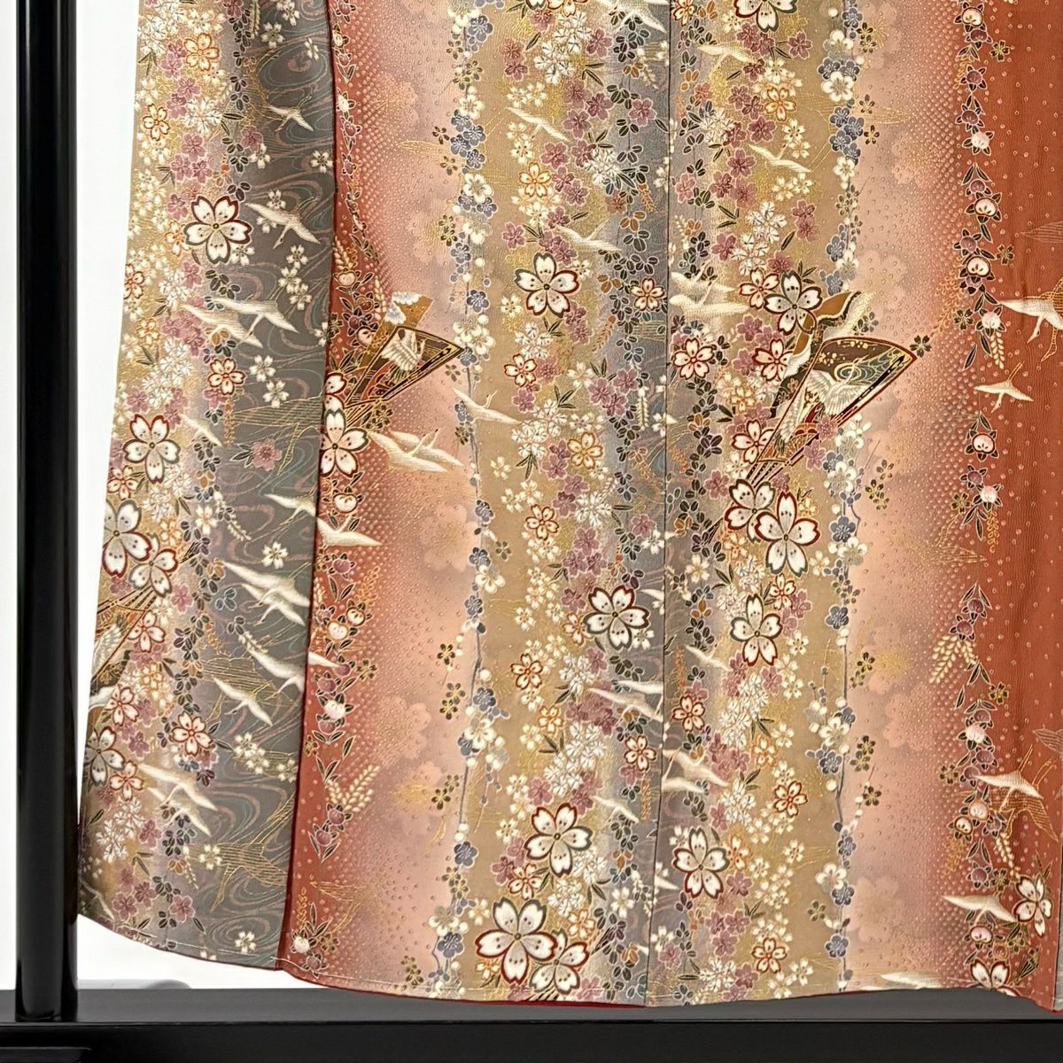 小紋 身長157cm 袖長64.5cm M 雙層 櫻花 仙鶴 金銀彩 漸層 粉米色 純蠶絲 優品級