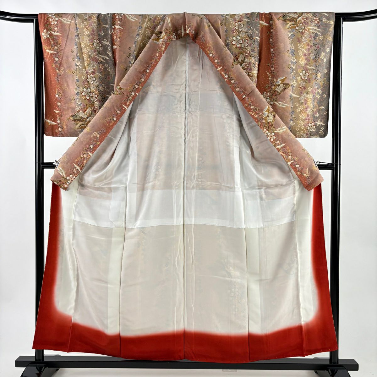 小紋 身長157cm 袖長64.5cm M 雙層 櫻花 仙鶴 金銀彩 漸層 粉米色 純蠶絲 優品級
