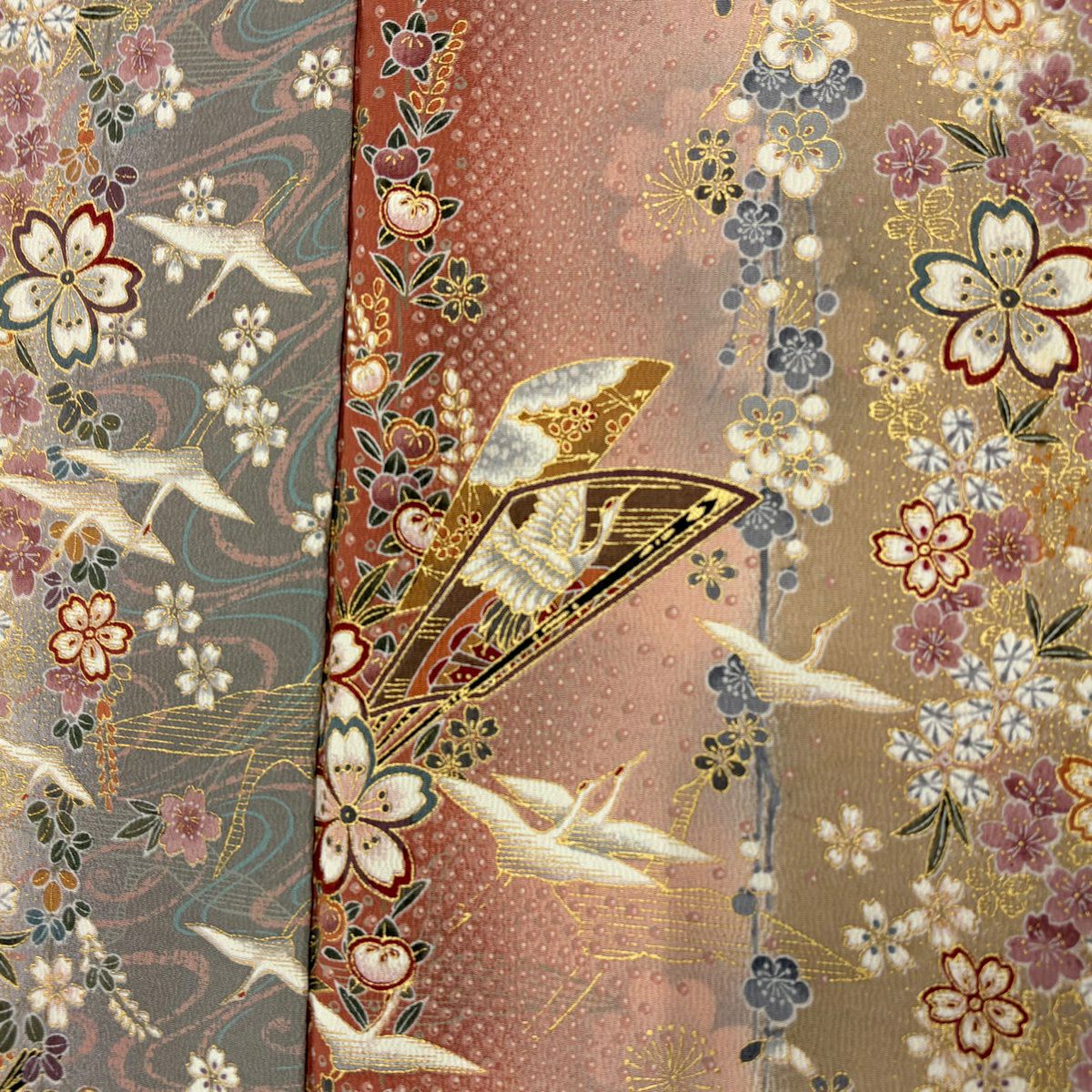 小紋 身長157cm 袖長64.5cm M 雙層 櫻花 仙鶴 金銀彩 漸層 粉米色 純蠶絲 優品級