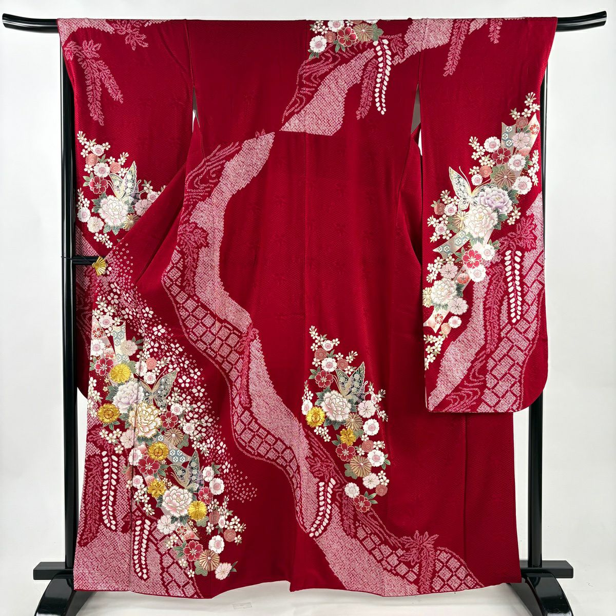 振袖禮服 身長163.5cm 袖長68.5cm L 雙層 蝶 牡丹 金絲 金銀彩 紅 純蠶絲 秀品級
