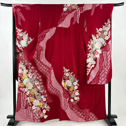 振袖禮服 身長163.5cm 袖長68.5cm L 雙層 蝶 牡丹 金絲 金銀彩 紅 純蠶絲 秀品級