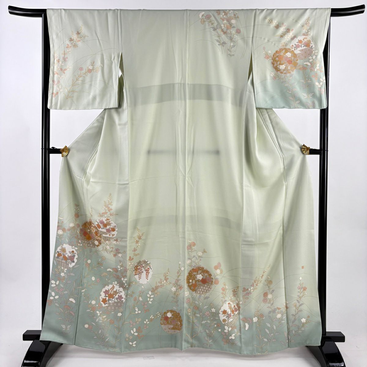 【美品】訪問服 身長165cm 袖長66.5cm M 雙層 落款あり 秋草 雪輪 金絲 金銀彩 淺綠 純蠶絲 秀品級