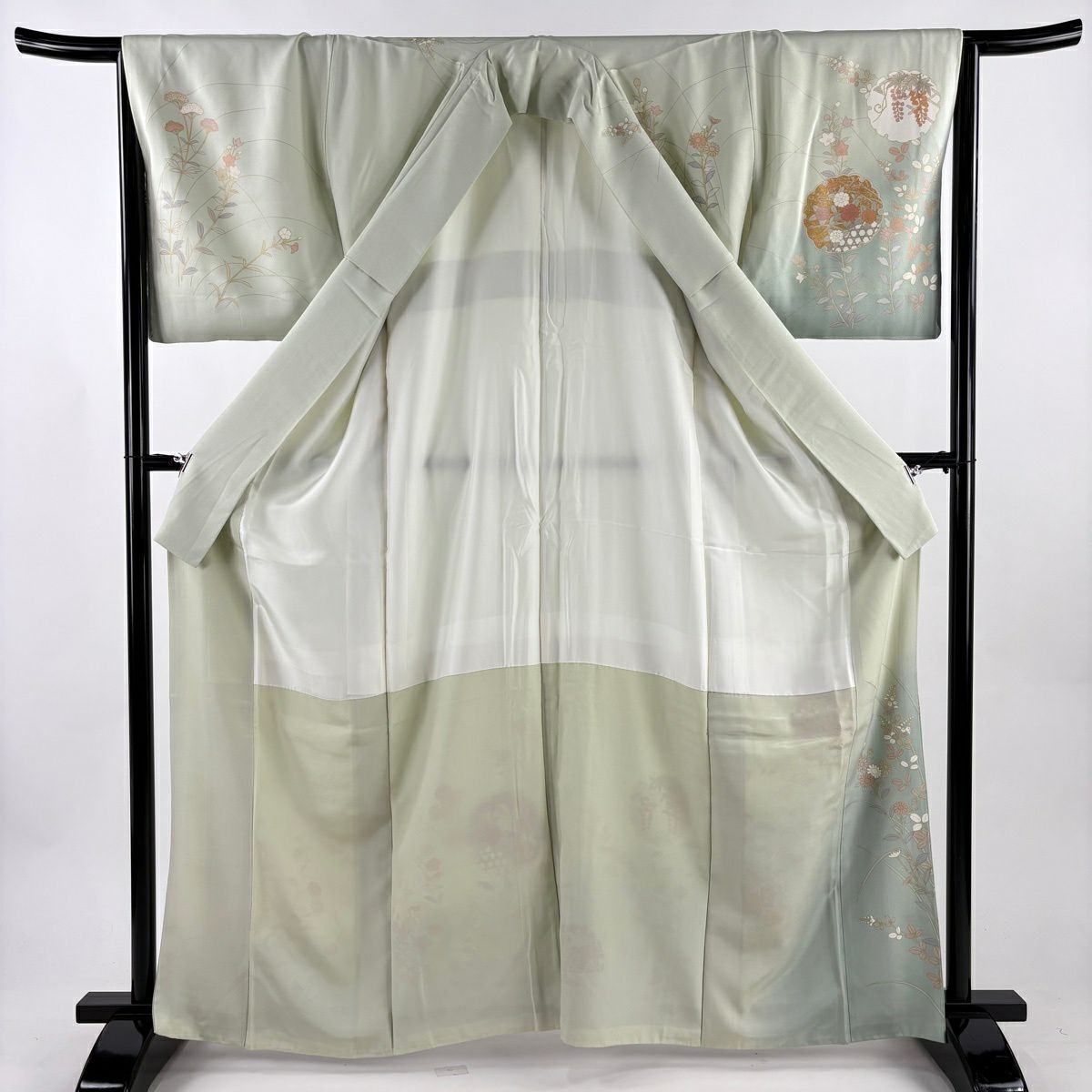 【美品】訪問服 身長165cm 袖長66.5cm M 雙層 落款あり 秋草 雪輪 金絲 金銀彩 淺綠 純蠶絲 秀品級