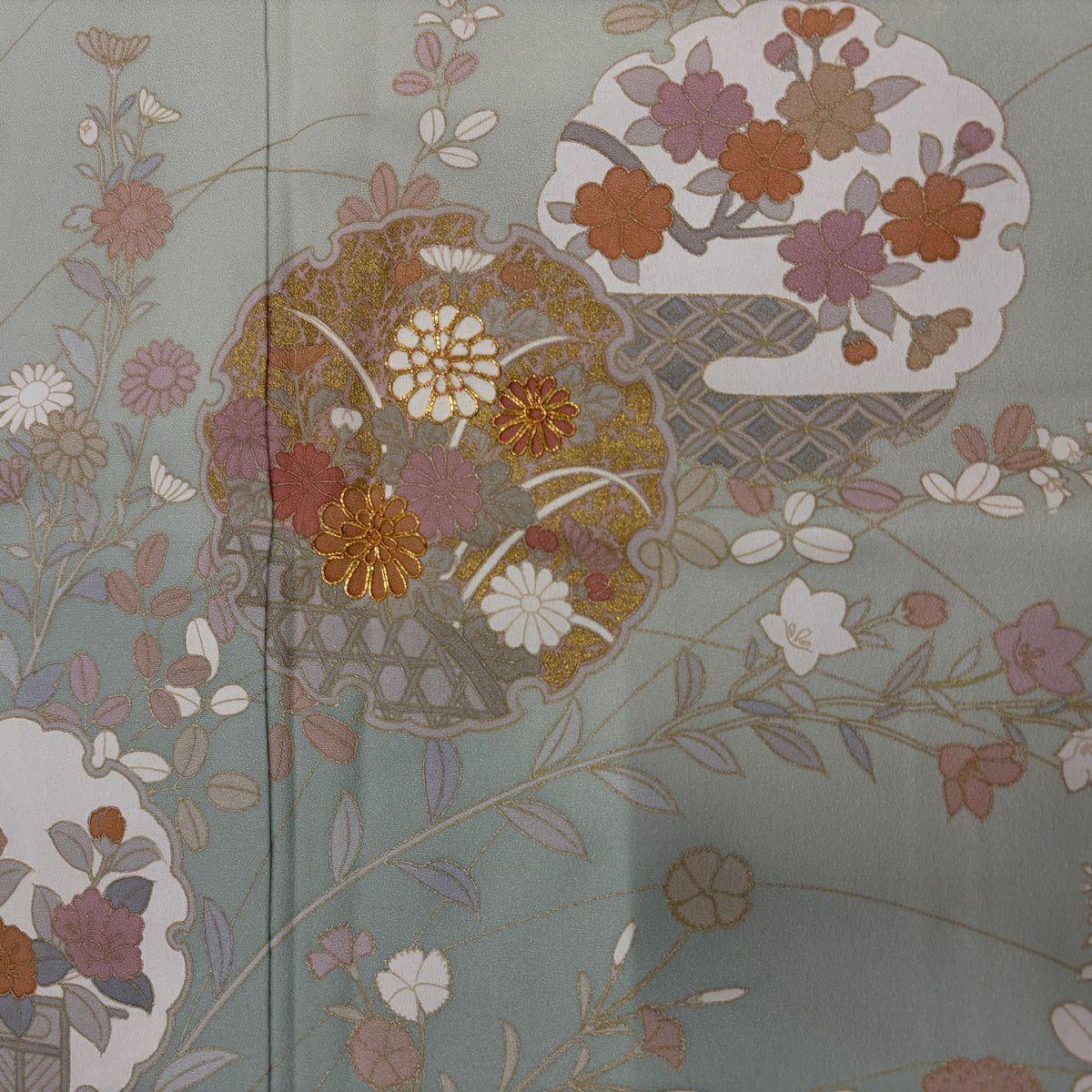 【美品】訪問服 身長165cm 袖長66.5cm M 雙層 落款あり 秋草 雪輪 金絲 金銀彩 淺綠 純蠶絲 秀品級