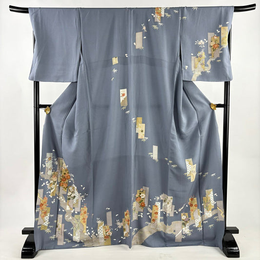 訪問服 身長169cm 袖長70cm L 雙層 短冊 草花紋紋 金絲 金銀彩 青灰 純蠶絲 秀品級