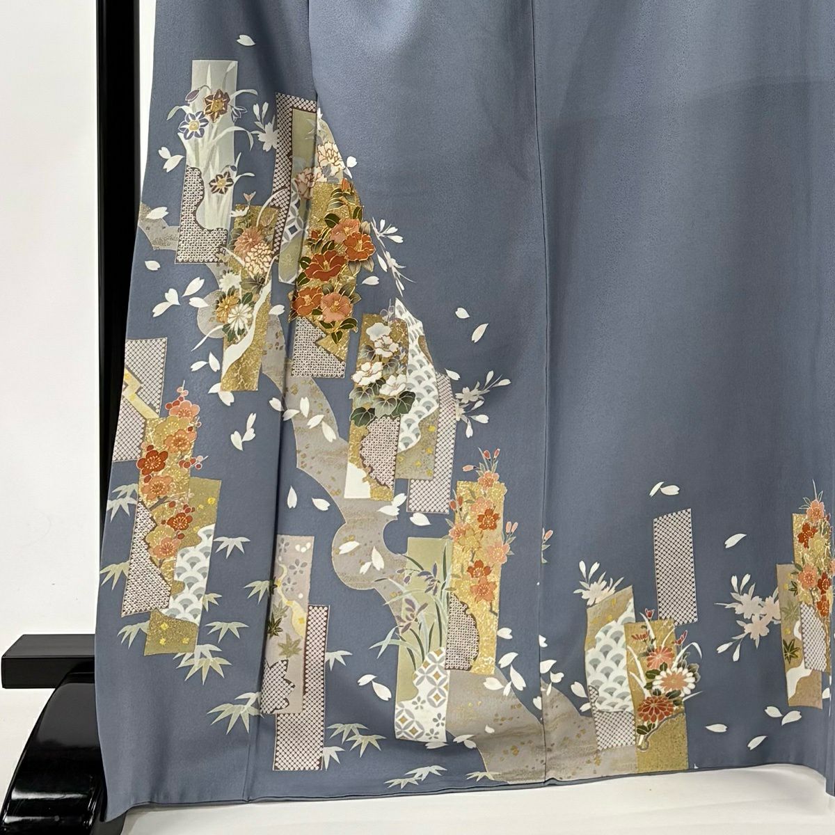 訪問服 身長169cm 袖長70cm L 雙層 短冊 草花紋紋 金絲 金銀彩 青灰 純蠶絲 秀品級