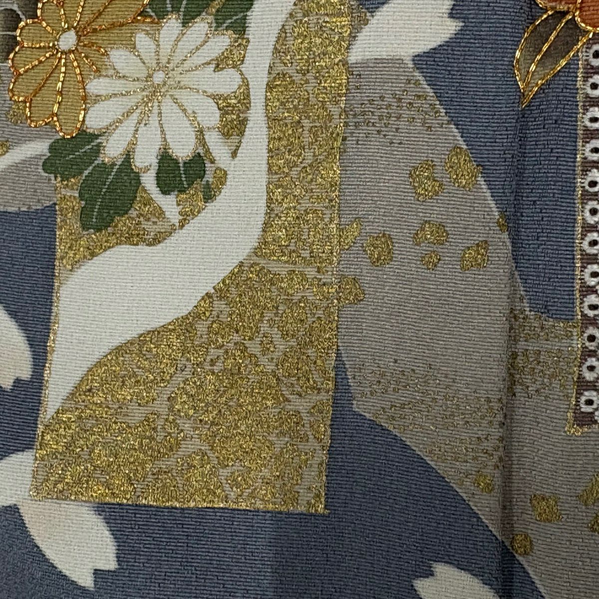 訪問服 身長169cm 袖長70cm L 雙層 短冊 草花紋紋 金絲 金銀彩 青灰 純蠶絲 秀品級