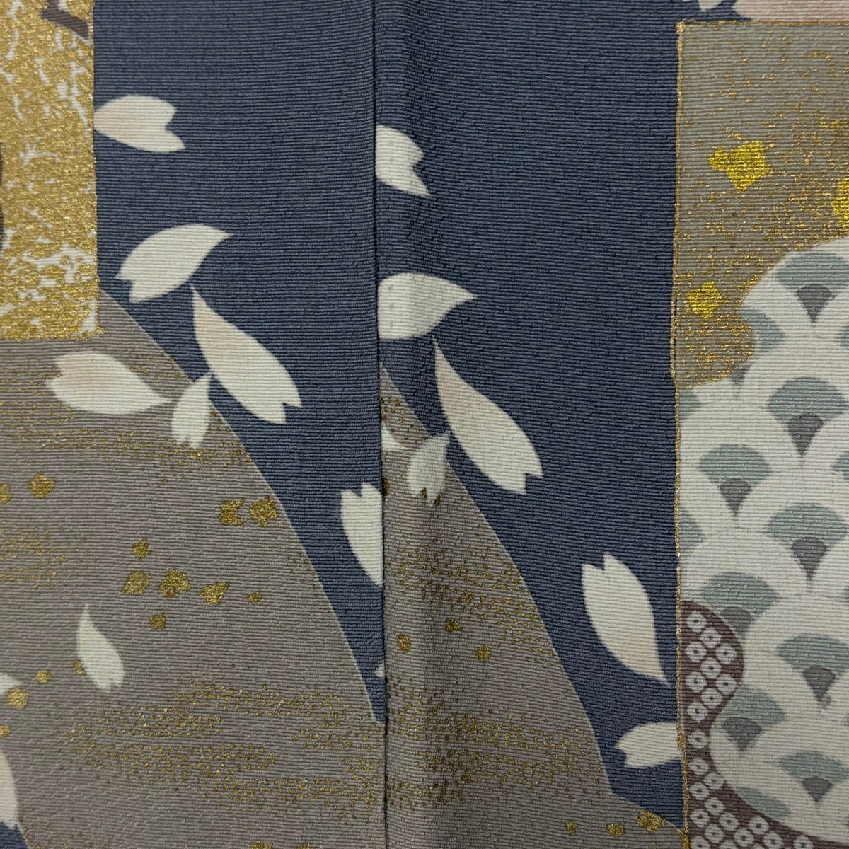 訪問服 身長169cm 袖長70cm L 雙層 短冊 草花紋紋 金絲 金銀彩 青灰 純蠶絲 秀品級