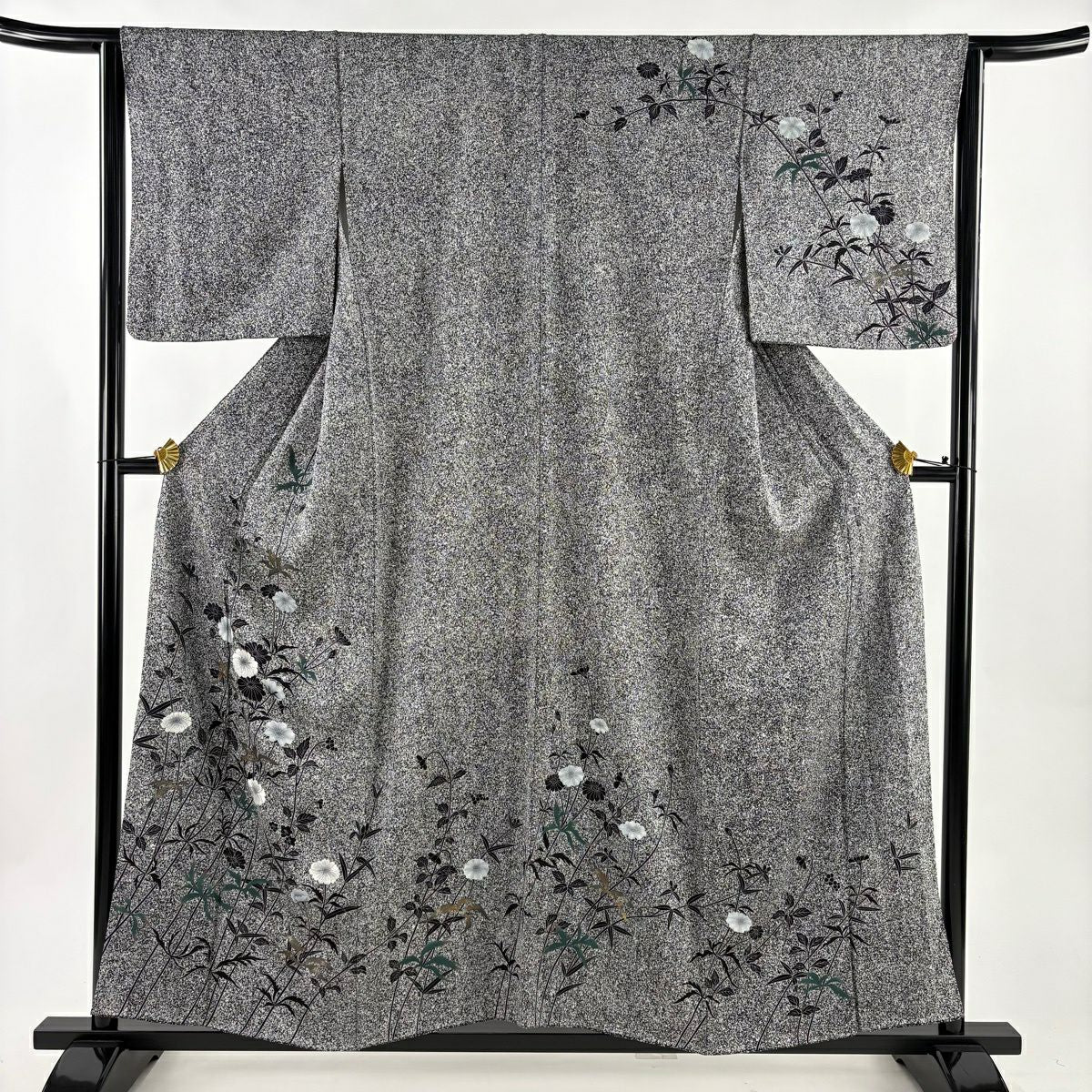 訪問服 身長156cm 袖長64cm M 雙層 草花紋紋 金銀彩 黑灰 純蠶絲 秀品級
