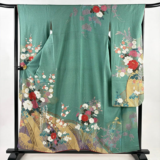 振袖禮服 身長157cm 袖長65.5cm M 雙層 牡丹 橋 金絲 灰綠 純蠶絲 秀品級