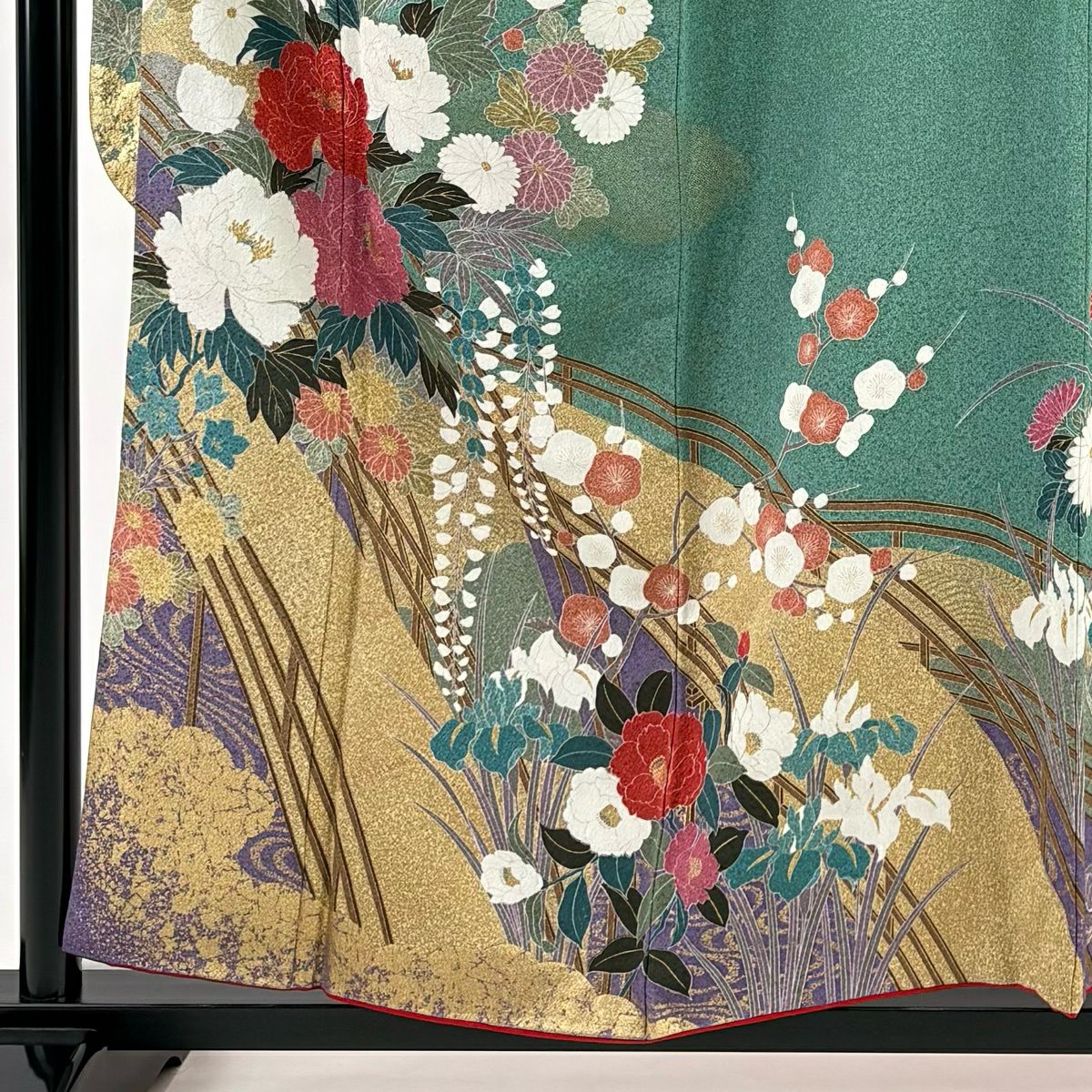 振袖禮服 身長157cm 袖長65.5cm M 雙層 牡丹 橋 金絲 灰綠 純蠶絲 秀品級