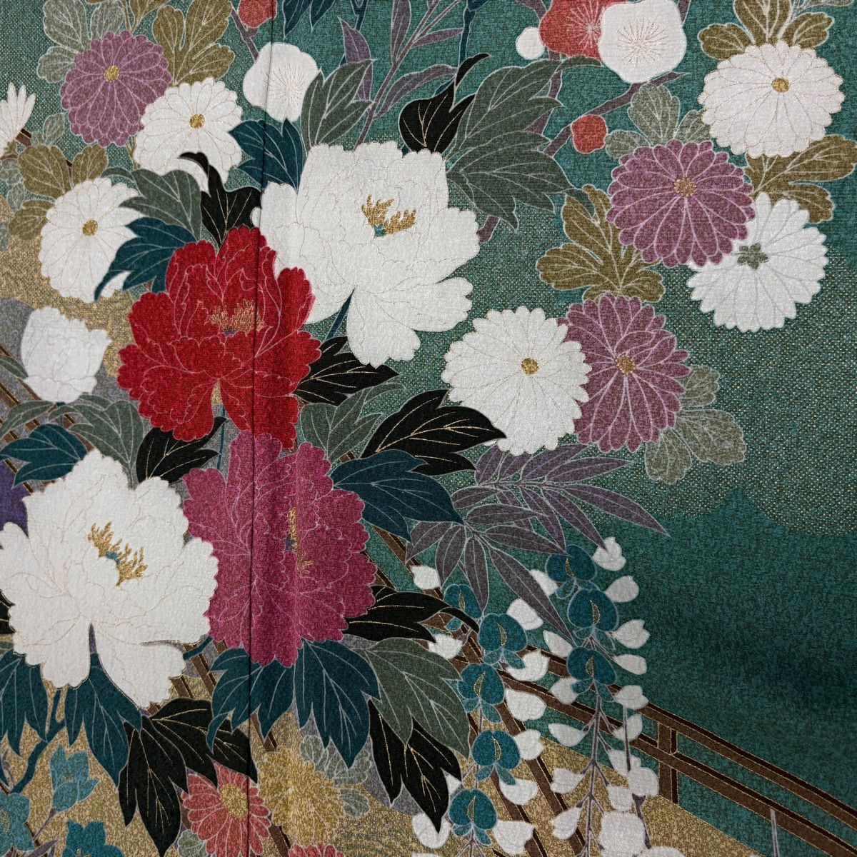 振袖禮服 身長157cm 袖長65.5cm M 雙層 牡丹 橋 金絲 灰綠 純蠶絲 秀品級