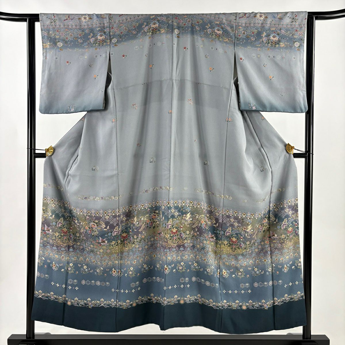 訪問服 身長152cm 袖長63cm S 雙層 花鳥 花唐草紋 金彩裝飾 漸層 青灰 純蠶絲 秀品級