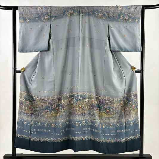 訪問服 身長152cm 袖長63cm S 雙層 花鳥 花唐草紋 金彩裝飾 漸層 青灰 純蠶絲 秀品級