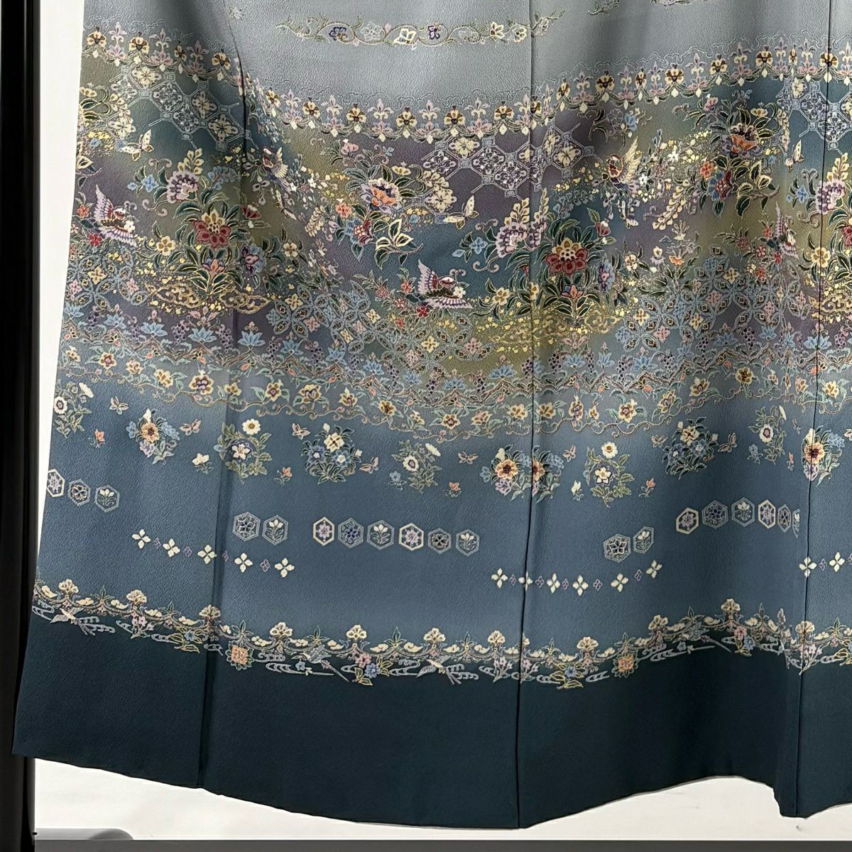 訪問服 身長152cm 袖長63cm S 雙層 花鳥 花唐草紋 金彩裝飾 漸層 青灰 純蠶絲 秀品級