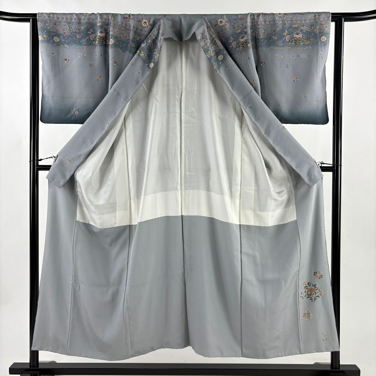 訪問服 身長152cm 袖長63cm S 雙層 花鳥 花唐草紋 金彩裝飾 漸層 青灰 純蠶絲 秀品級