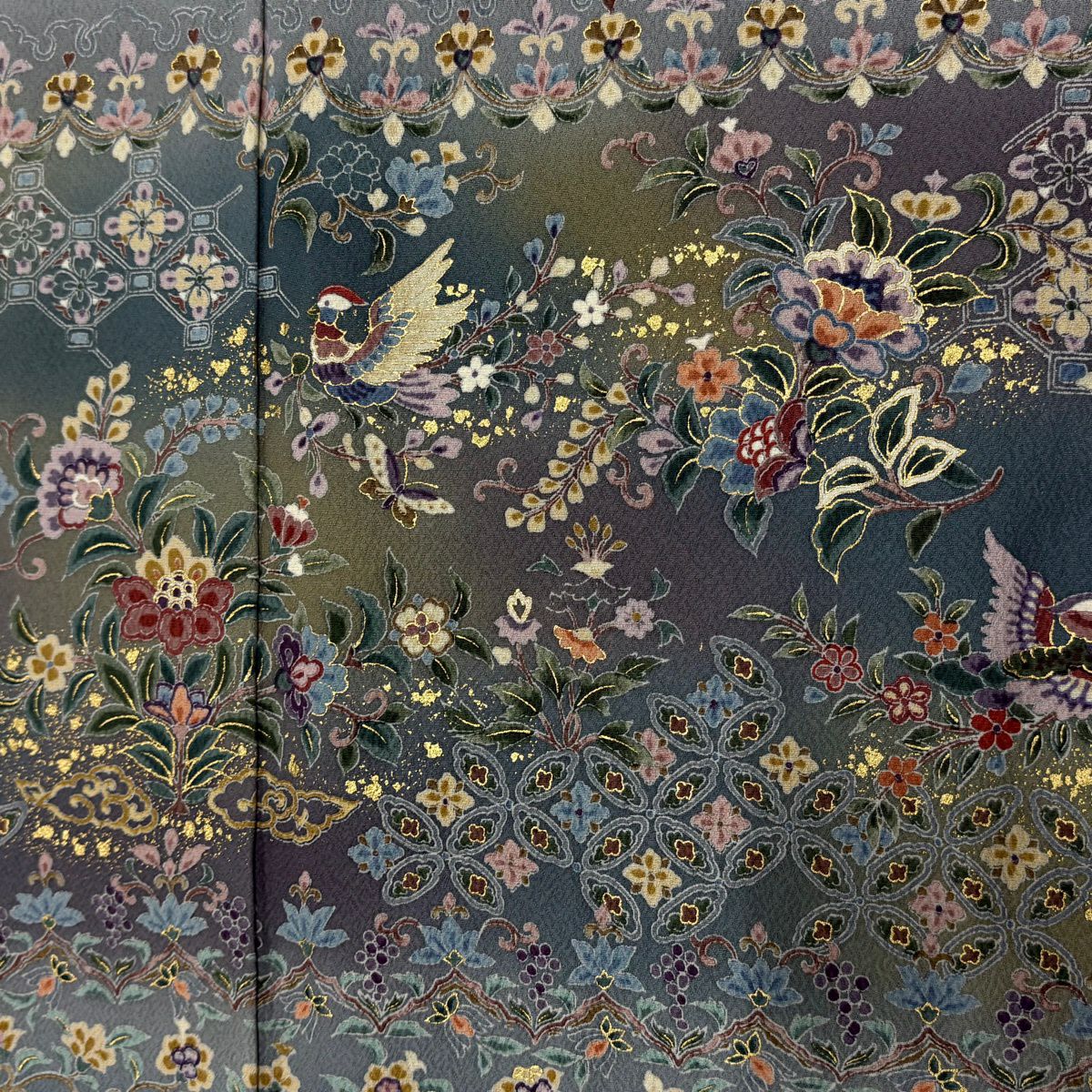 訪問服 身長152cm 袖長63cm S 雙層 花鳥 花唐草紋 金彩裝飾 漸層 青灰 純蠶絲 秀品級