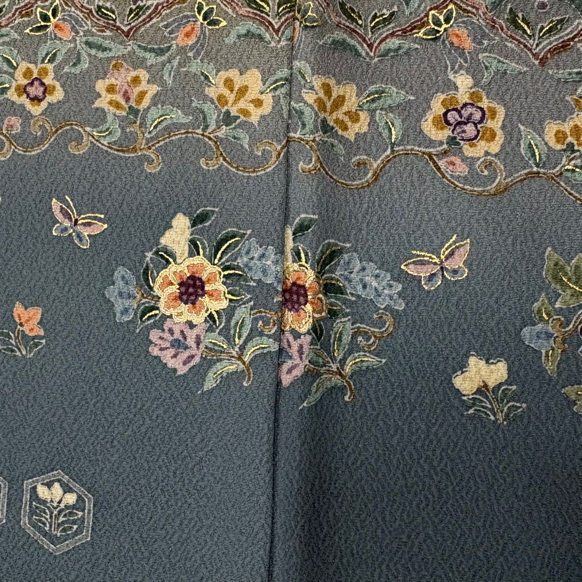 訪問服 身長152cm 袖長63cm S 雙層 花鳥 花唐草紋 金彩裝飾 漸層 青灰 純蠶絲 秀品級