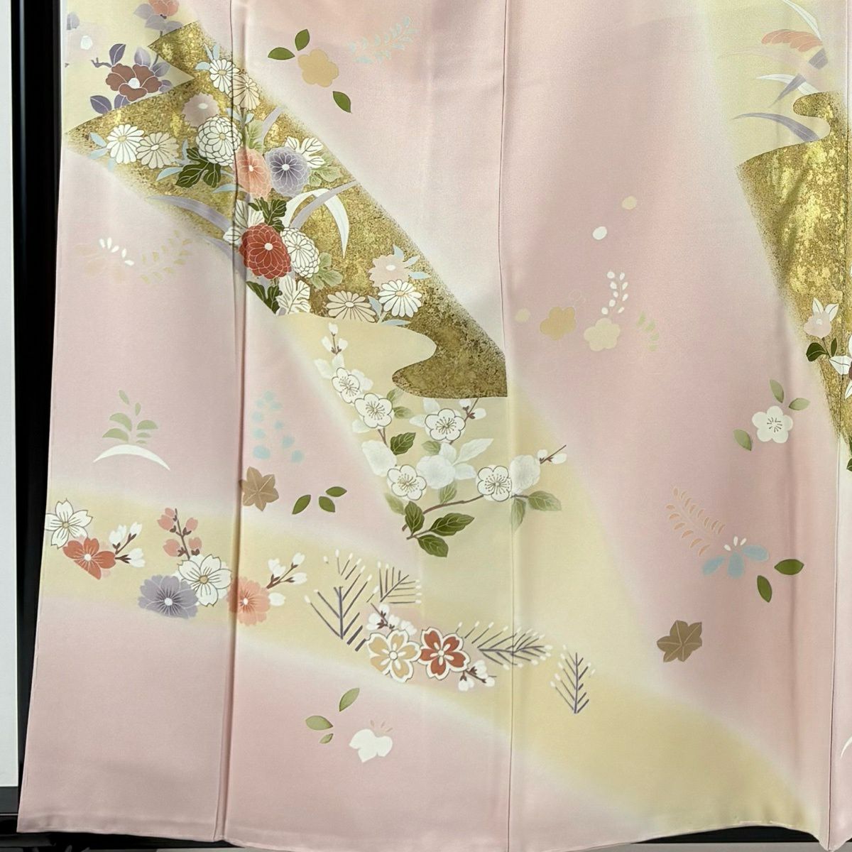 訪問服 身長162cm 袖長67.5cm L 雙層 草花紋紋 霞 金彩裝飾 漸層 淺粉色 純蠶絲 優品級