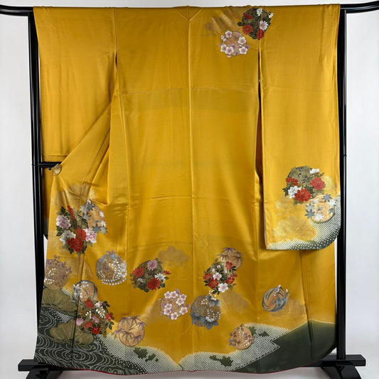 振袖禮服 身長161.5cm 袖長64.5cm M 雙層 花丸紋 流水 金彩裝飾 山吹 純蠶絲 秀品級