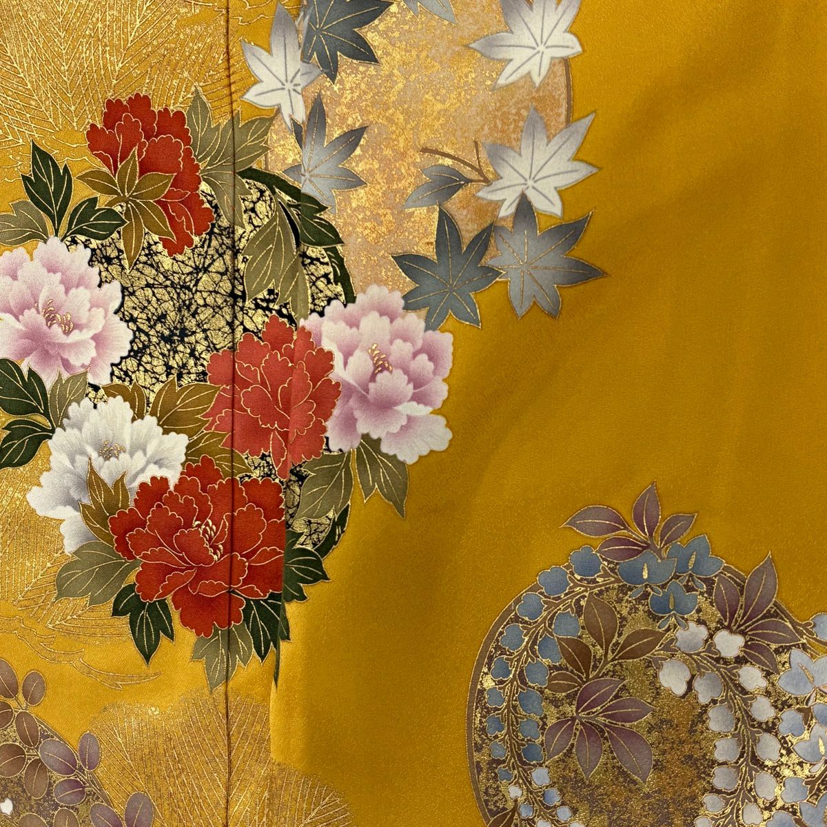 振袖禮服 身長161.5cm 袖長64.5cm M 雙層 花丸紋 流水 金彩裝飾 山吹 純蠶絲 秀品級