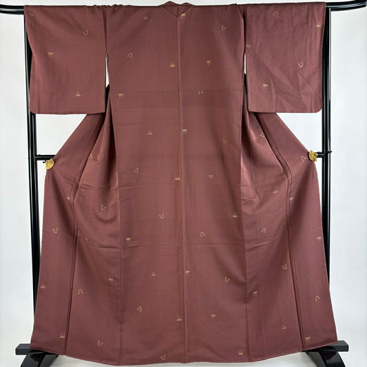【美品】 小紋 身長163cm 袖長67cm M 雙層 矢羽根 王冠 金銀彩 紅茶 純蠶絲 秀品級