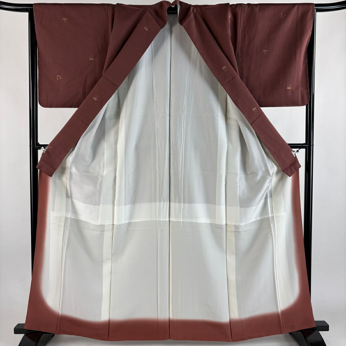 【美品】 小紋 身長163cm 袖長67cm M 雙層 矢羽根 王冠 金銀彩 紅茶 純蠶絲 秀品級