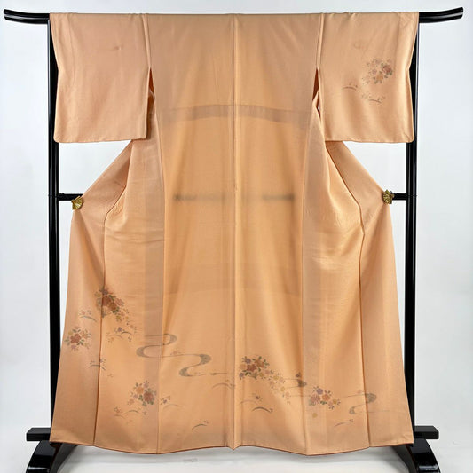 付下 身長163.5cm 袖長65cm M 雙層 扇子 草花紋紋 刺繡 漸層 橙色 純蠶絲 秀品級 一つ紋