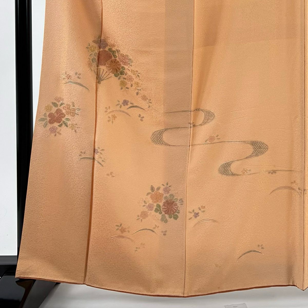 付下 身長163.5cm 袖長65cm M 雙層 扇子 草花紋紋 刺繡 漸層 橙色 純蠶絲 秀品級 一つ紋