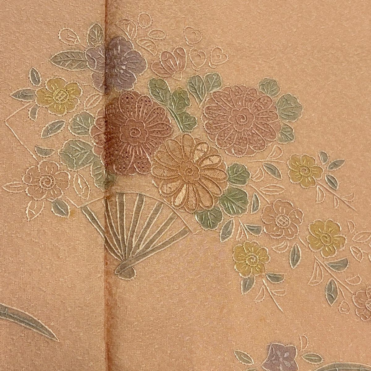 付下 身長163.5cm 袖長65cm M 雙層 扇子 草花紋紋 刺繡 漸層 橙色 純蠶絲 秀品級 一つ紋