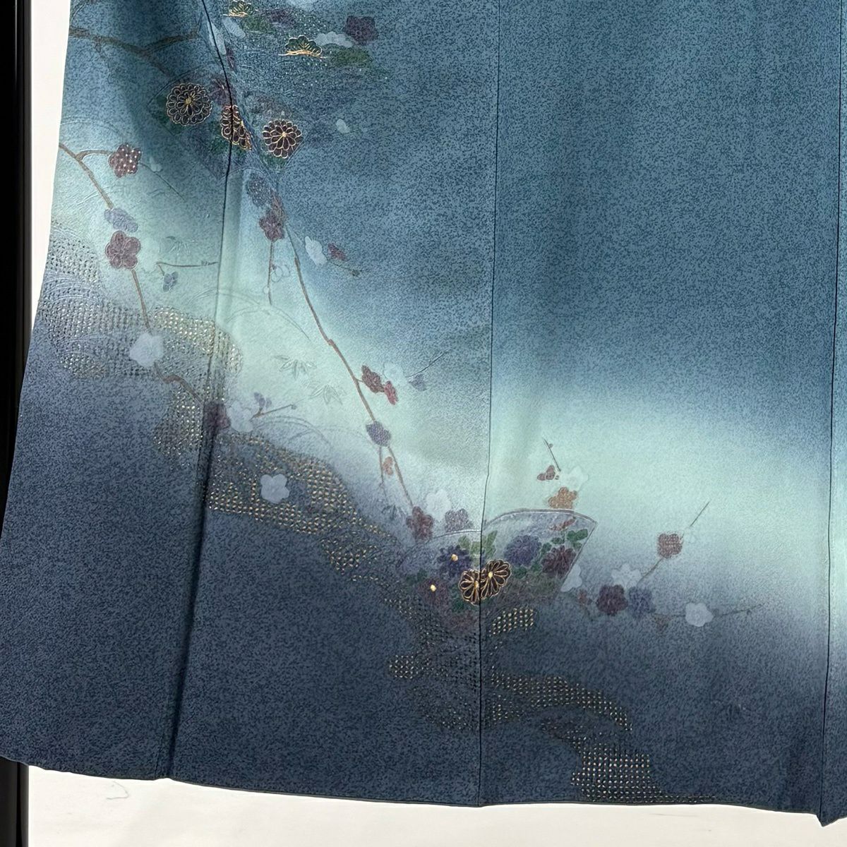 訪問服 身長150cm 袖長62.5cm S 雙層 大和 松樹竹子梅花 菊花 金糸刺繡 青灰 純蠶絲 秀品級