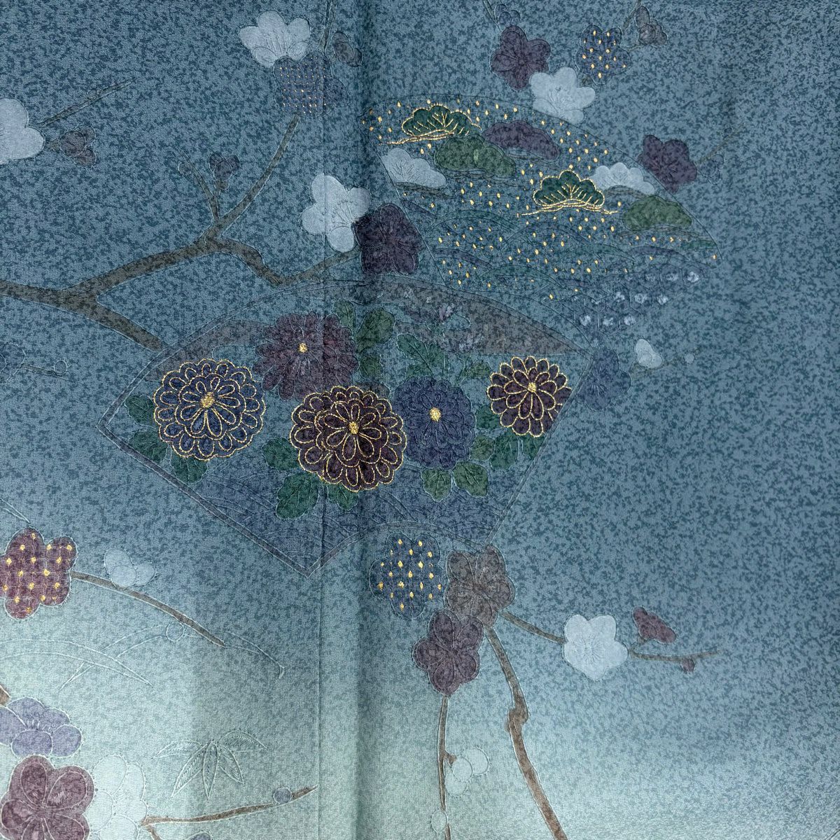 訪問服 身長150cm 袖長62.5cm S 雙層 大和 松樹竹子梅花 菊花 金糸刺繡 青灰 純蠶絲 秀品級