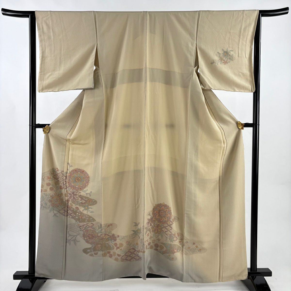 訪問服 身長160cm 袖長64cm M 雙層 華紋 七寶刺繡 染分 薄茶 純蠶絲 秀品級