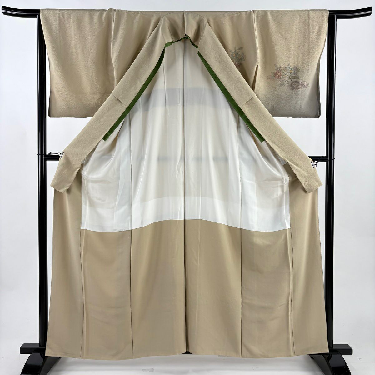 訪問服 身長160cm 袖長64cm M 雙層 華紋 七寶刺繡 染分 薄茶 純蠶絲 秀品級