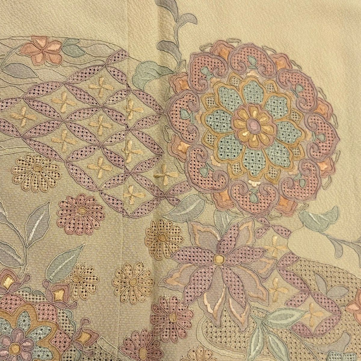 訪問服 身長160cm 袖長64cm M 雙層 華紋 七寶刺繡 染分 薄茶 純蠶絲 秀品級