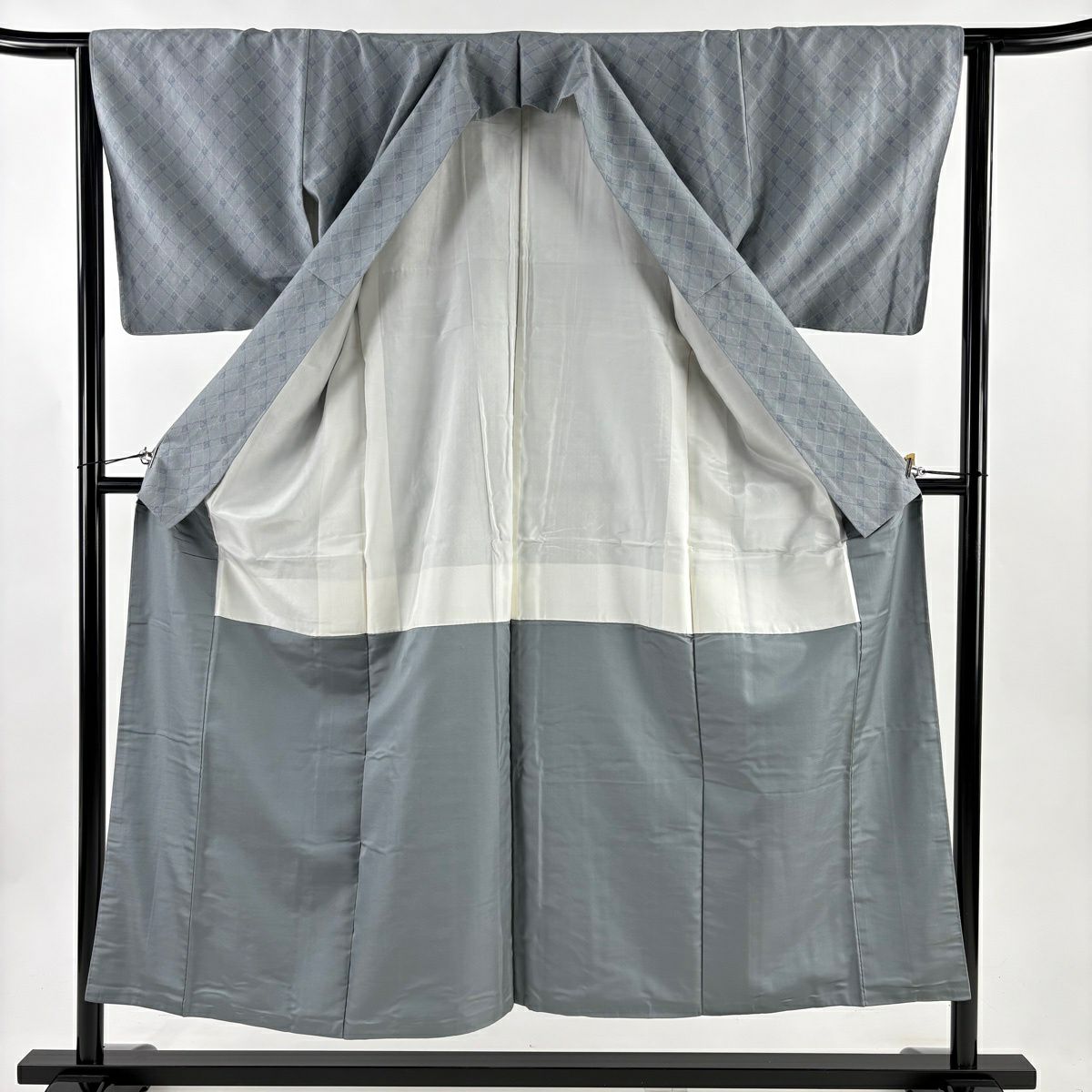 【美品】 紬織 身長150.5cm 袖長62.5cm S 雙層 斜格紋 青灰 純蠶絲 秀品級