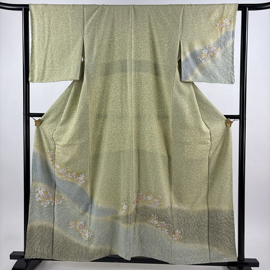 【美品】訪問服 身長157.5cm 袖長64cm M 雙層 大和 草花紋紋 絞染 金銀彩 抹茶 純蠶絲 秀品級