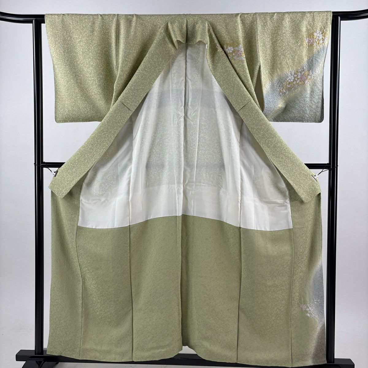 【美品】訪問服 身長157.5cm 袖長64cm M 雙層 大和 草花紋紋 絞染 金銀彩 抹茶 純蠶絲 秀品級